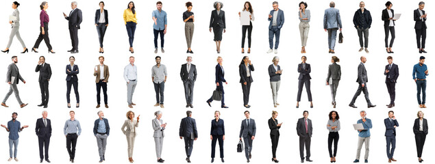 Set of business people in various actions on isolated background. Businesspeople, businesswomen, businessmen office worker in full body length studio professional shot in casual and formal wear