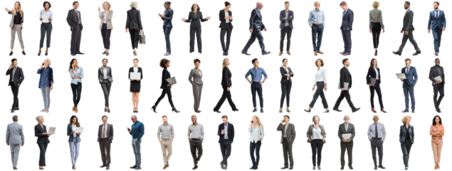 Set of business people in various actions on isolated background. Businesspeople, businesswomen, businessmen office worker in full body length studio professional shot in casual and formal wear