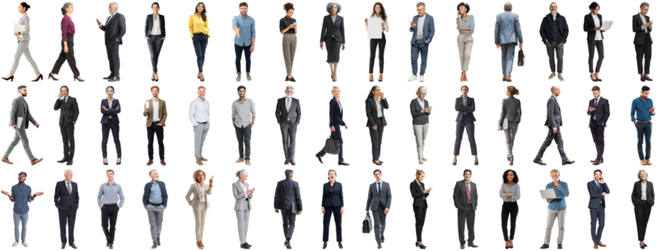 Set of business people in various actions on isolated background. Businesspeople, businesswomen, businessmen office worker in full body length studio professional shot in casual and formal wear
