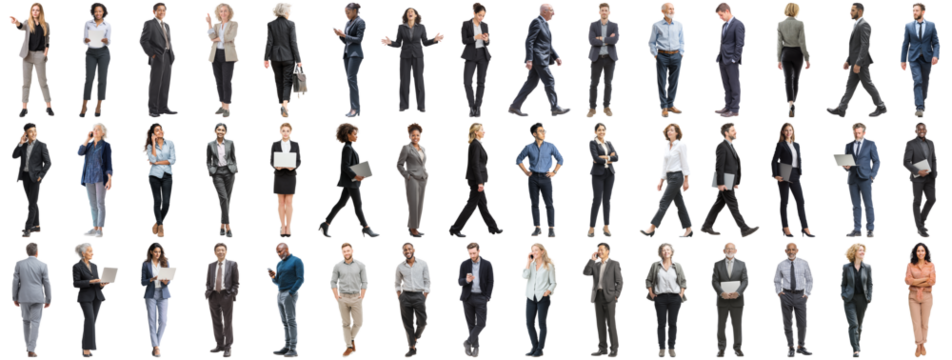 Set of business people in various actions on isolated background. Businesspeople, businesswomen, businessmen office worker in full body length studio professional shot in casual and formal wear