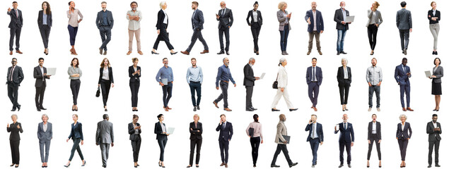 Set of business people in various actions on isolated background. Businesspeople, businesswomen, businessmen office worker in full body length studio professional shot in casual and formal wear