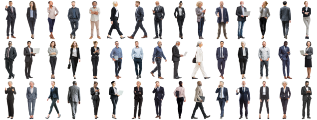 Set of business people in various actions on isolated background. Businesspeople, businesswomen, businessmen office worker in full body length studio professional shot in casual and formal wear