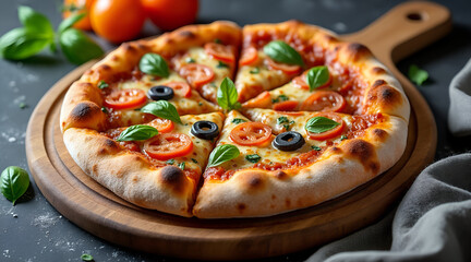 Savor the irresistible aroma and cheesy perfection of a freshly baked margherita pizza with vibrant basil and ripe tomatoes, ready to delight.