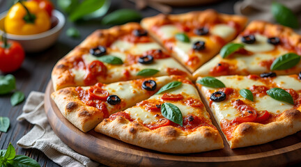Deliciously crafted Margherita pizza with fresh basil and ripe tomatoes, a perfect taste of Italy ready to be savored