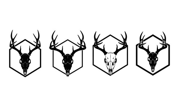 Set of four detailed deer skull silhouettes within geometric hexagonal frames for emblematic design