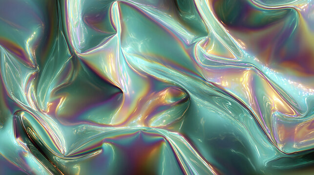 Abstract iridescent fabric with flowing forms and a glossy finish