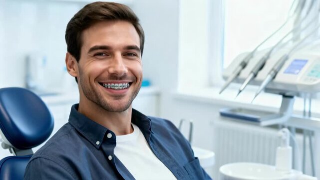 A happy young man with braces smiling in a dental chair. Satisfied patient after a successful orthodontic treatment in a modern clinic. Dental care and oral hygiene concept