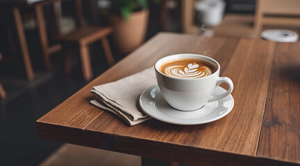 Steaming hot latte art coffee cup presented elegantly on a rustic wooden table, perfect for cafe ambiance and morning ritual.
