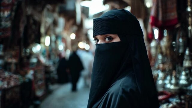 Cinematic portrait of a mysterious woman in a black niqab looking at the camera. Close-up of her intense eyes in a traditional Middle Eastern souk. Islamic culture and travel concept