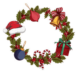 Festive Hand-Drawn Christmas Wreath with Holiday Ornaments