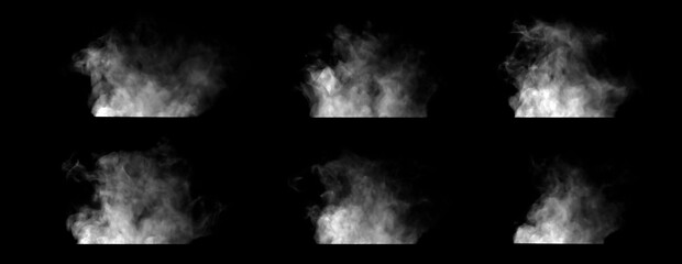 Realistic white smoke clouds on black background showing movement and vapor texture. Ideal for design projects, animation effects, cinematic elements, or creative visual art concepts.