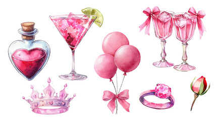 Romantic watercolor elements for Valentine's Day. Glasses with pink cocktail, heart-shaped flask with potion, crown, heel, balloons, bouquet of roses, etc. Pink elements of coquette.