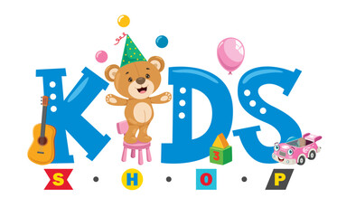 A charming kids shop illustration featuring a cute teddy bear and various colorful toys, creating an inviting environment that inspires play and creativity among children.