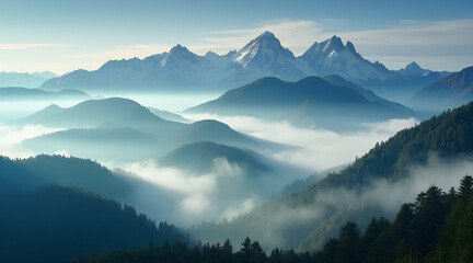 Majestic snow-capped mountain peaks emerge from ethereal morning mist blanketing lush green valleys below