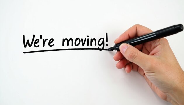 Hand writes moving text on white paper with black marker. Concept of relocation migration emigration change residence new company office location. Moving announcement business message on clear