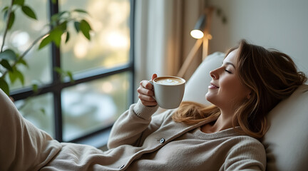 Joyful woman relaxing with a warm latte, finding perfect peace and comfort in a cozy home setting, a moment of pure bliss captured.