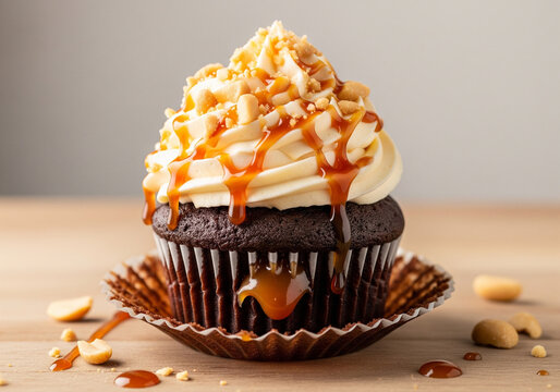 Indulge in decadent chocolate cupcake with caramel drizzle and peanut topping delight