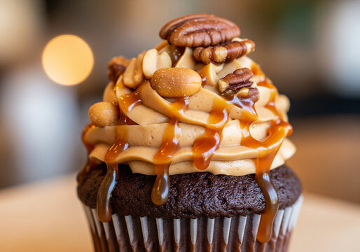 Indulge in decadent chocolate cupcake with caramel drizzle and peanut topping delight