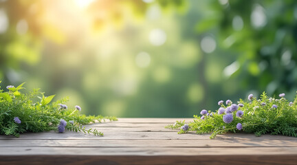 Warm sunlit wooden table with delicate purple wildflowers and lush green foliage creating a serene nature backdrop for product display