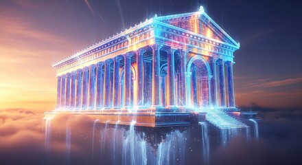 Digital Ancient Greek Temple Glowing With Futuristic Blue Light Floating On Clouds At Sunrise