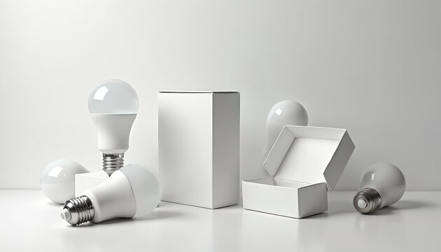 Modern white LED light bulbs, blank cardboard product boxes neatly arranged. Bulbs stand, others lie near open, closed packaging. Energy efficient lamps, eco friendly containers highlight innovative