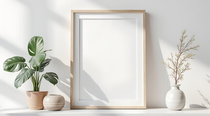 Modern minimalist interior mockup featuring a blank wooden frame between a lush green potted plant and a delicate dried floral arrangement, bathed in soft natural light casting gentle shadows.