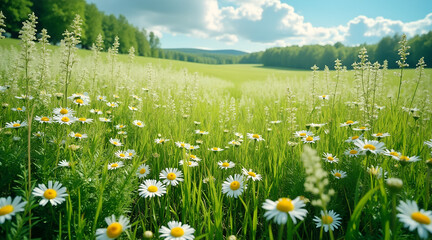 Vibrant daisy field bathed in warm sunlight, a perfect scene for nature, spring, and summer promotions