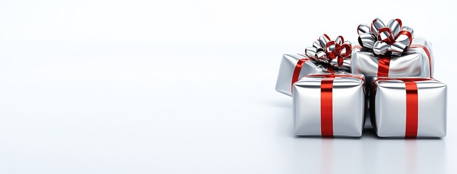 Elegant pile of silver gift boxes adorned with red ribbons, perfect for celebrations or special occasions on a minimalist white background