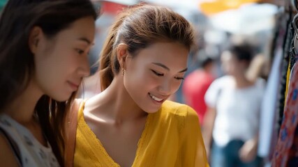 Young asian females enjoying outdoor market shopping experience