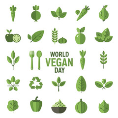 World Vegan Day Green Plant Icons Flat Vector Illustration