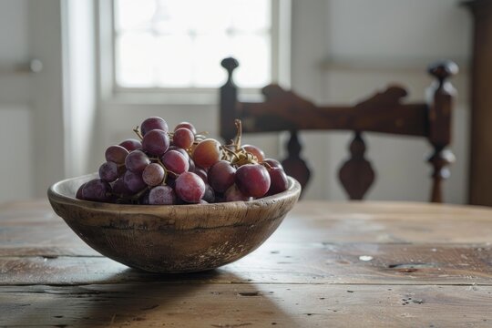 Red grapes sit in a wooden bowl on a rustic table, creating a simple yet elegant still life - Powered by Adobe