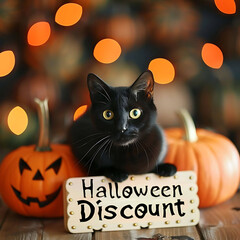 Halloween discount advertisement, black cat on pumpkins, warm candlelight, soft bokeh
