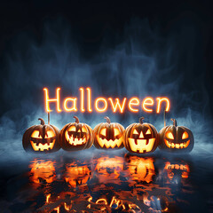 Halloween sale banner, glowing pumpkins, spooky fog
