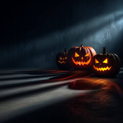 Jack o lantern composition with colored gels dramatic shadows theatrical Halloween advertising style 