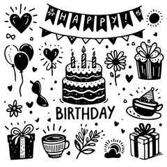Black And White Cute Happy birthday Elements, Line art Pattern, Sketch Style Isolated. Set Hand Drawn Doodle party Invitation Card, Illustration In Engraving Style, scribble