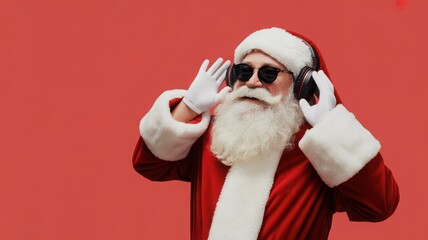 Cool santa claus with sunglasses and headphones listening to music