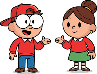 Cartoon boy and girl talking with friendly expressions, educational character vector for school content, communication themes, and children’s media use