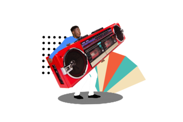 3D collage trend artwork composite sketch poster of young guy stand hand hold big boombox nightclub rest occasion weekend entertainment