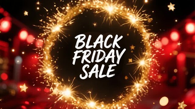 Wide glitter halo frames BLACK FRIDAY SALE while stars and particles dance across the frame. Designed for landscape ads, website banners, prerolls, and marketplace promos needing sparkling holiday mot