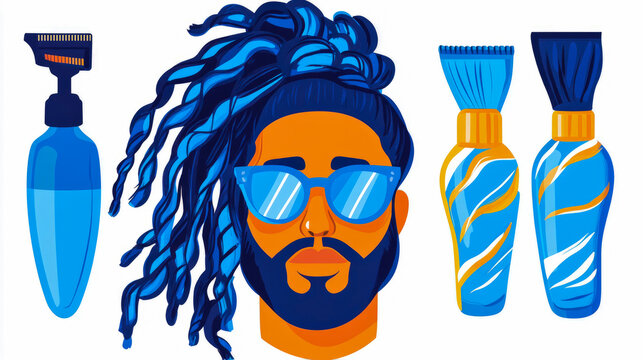 Dynamic vector illustration showcasing stylish man with blue dreadlocks and beard, surrounded by modern male grooming and haircare product tools in striking blue and orange palette.