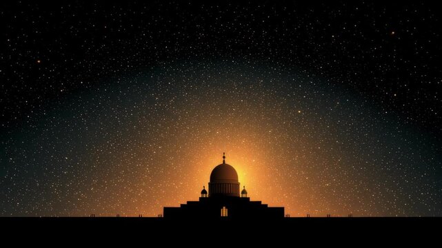 Sacred Silhouette under the Stars: A majestic structure stands silhouetted against the night sky, its architectural details defined by the radiant light emanating from within.