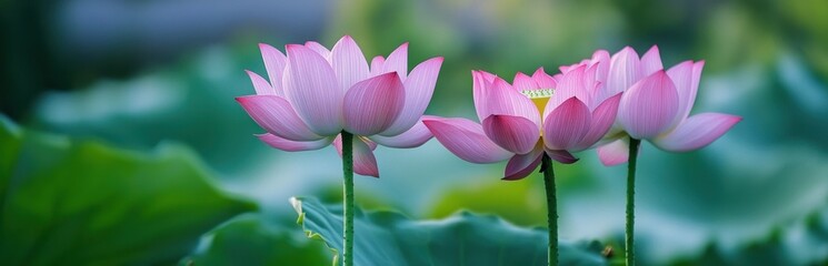 Fototapeta premium Beautiful Pink Lotus Flowers Surrounded by Green Leaves in Nature