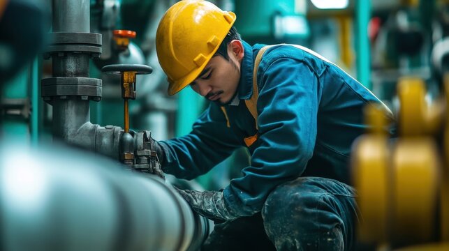 Skilled Worker in Protective Gear Conducting Maintenance on Pipes - Powered by Adobe
