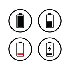 Vector Battery Icons Set: Charge Level, Full, Low, and Charging Status Symbols