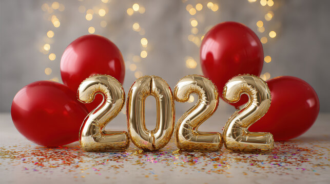 Festive 2022 celebration scene with vibrant red and gold balloons confetti bright decorations joyful mood party atmosphere and seasonal happiness