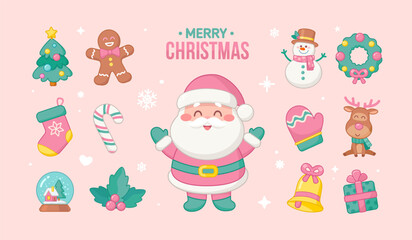 Merry Christmas icons bundle with Pink Santa Claus, Cute characters in soft pastel colors. Chrismas holidays design with Kawaii style icons, cartoon characters and elements. Editable vector