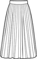 Fashion flat sketch of pleated midi skirt design for women apparel template, detailed vector illustration for sewing and clothing pattern.