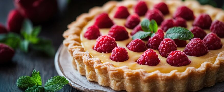 Fresh Raspberry Tart with Cream and Mint on Wooden Table Surface
