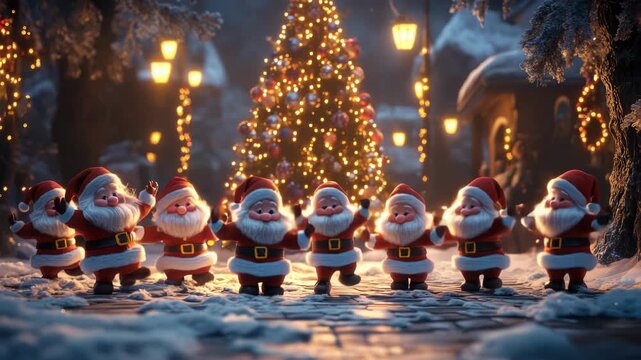 Group of cheerful Santa gnomes dancing joyfully around decorated Christmas tree at night, magical festive storybook illustration with holiday atmosphere