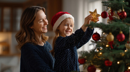 Joyful Christmas celebration with family decorating festive tree holiday ornaments smiling mother and girl capturing seasonal happiness and tradition